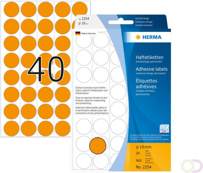 Herma Multipurpose etiketten Ã 19 mm rond fluor oranje geperforeerd permanent hech
